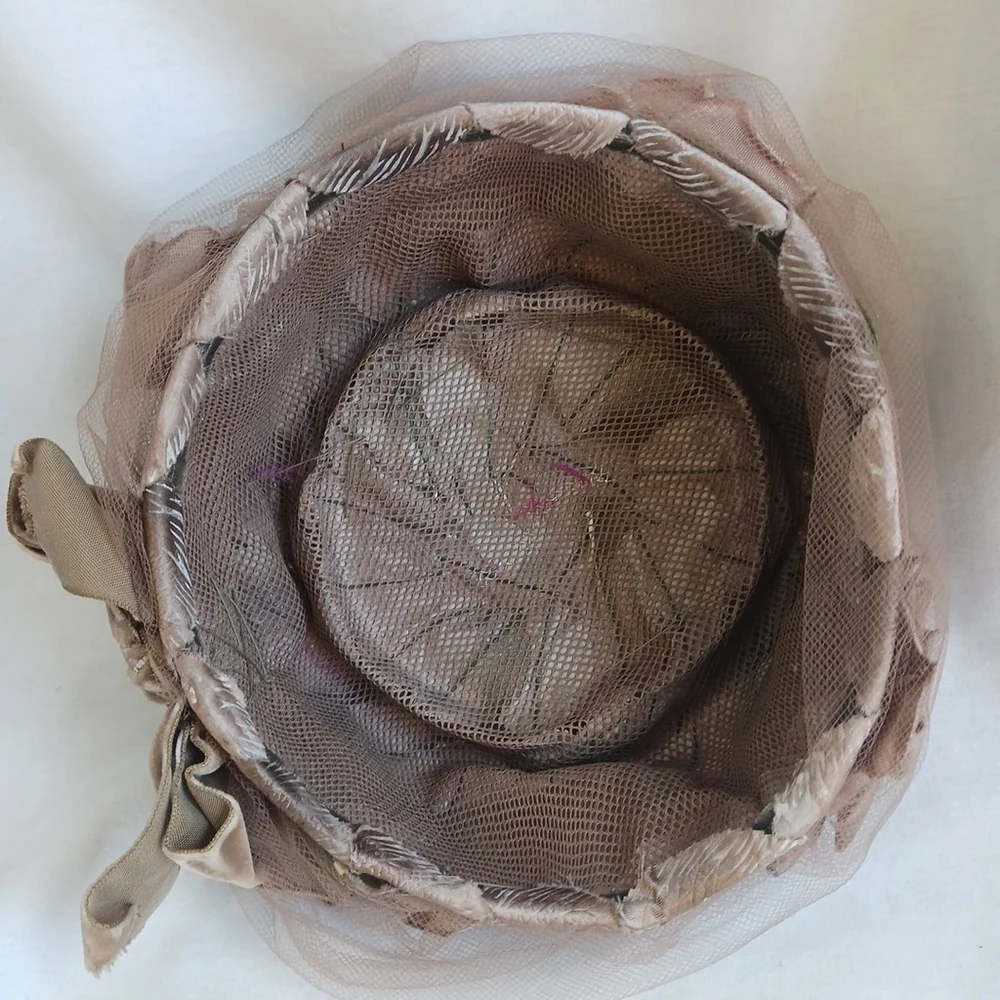 Vintage Hat Taupe Roses Velvet Bow Tulle Metal Band Small